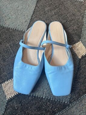 Mansur Gavriel Sky Blue Square-Toe Strap Mules